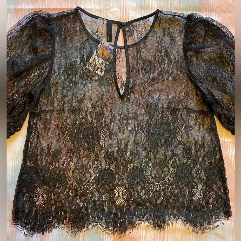 Divided Black Puff Sleeve Floral Lace Top - Picture 11 of 11